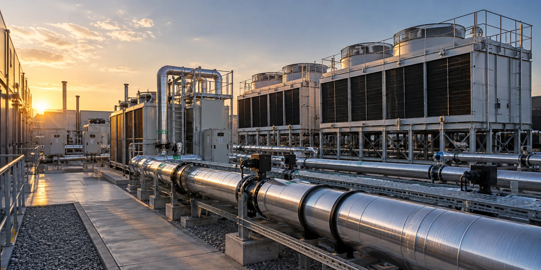 Outdoor data-centre cooling plant with large heat-rejection units and insulated pipework.