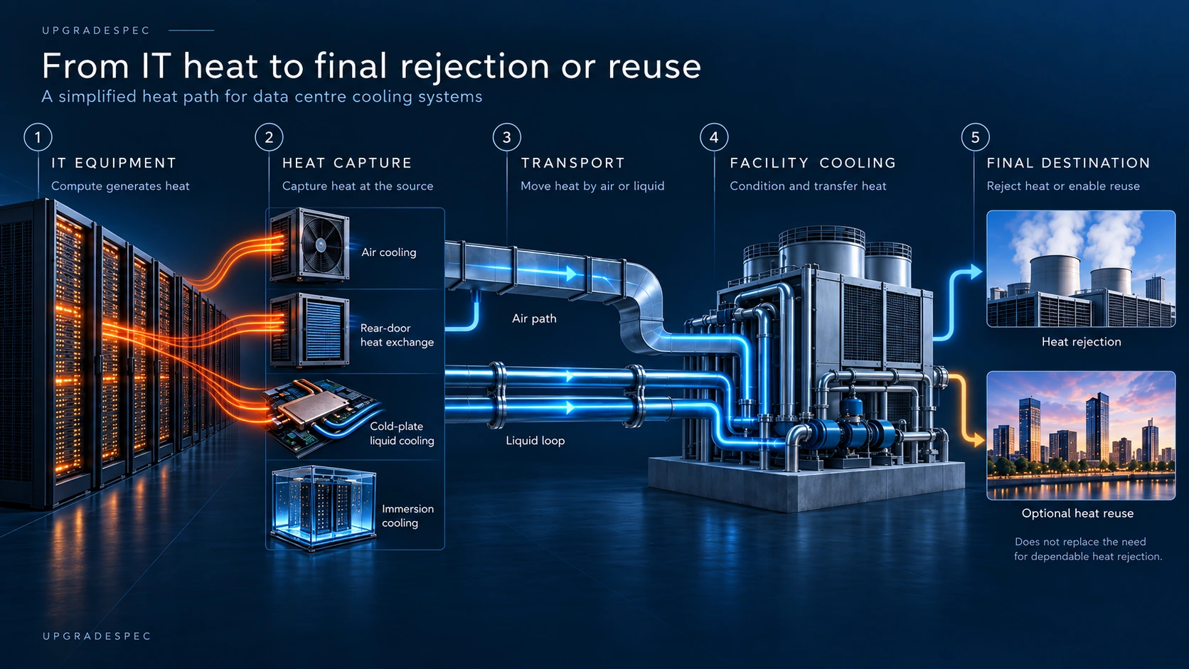 Diagram showing IT equipment heat moving through heat capture, transport and facility cooling to final rejection or optional reuse.