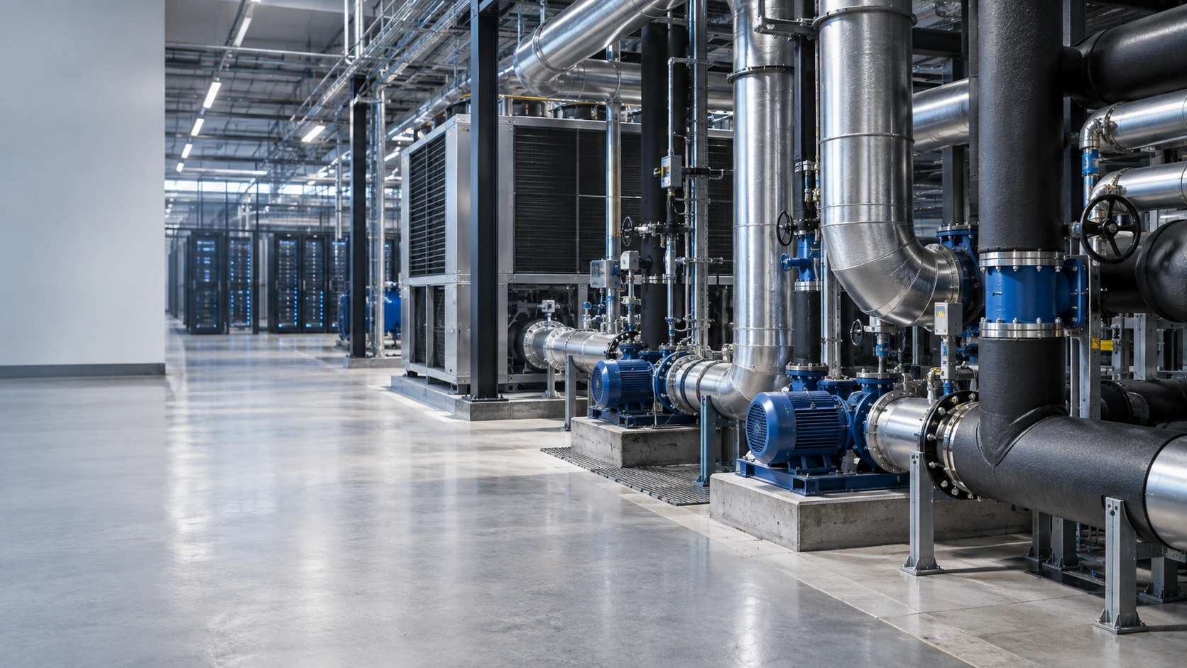 Data-centre mechanical cooling room with pumps, insulated pipework, heat exchangers and server racks beyond.