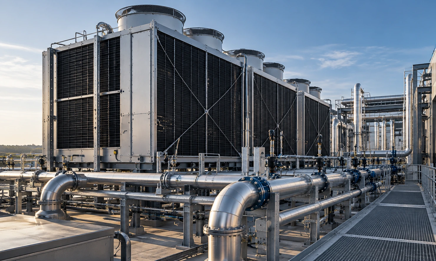 Outdoor data-centre heat-rejection equipment connected to extensive facility pipework.