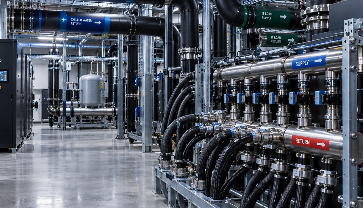 Liquid-cooling distribution pipework, manifolds, hoses and labelled supply and return connections.