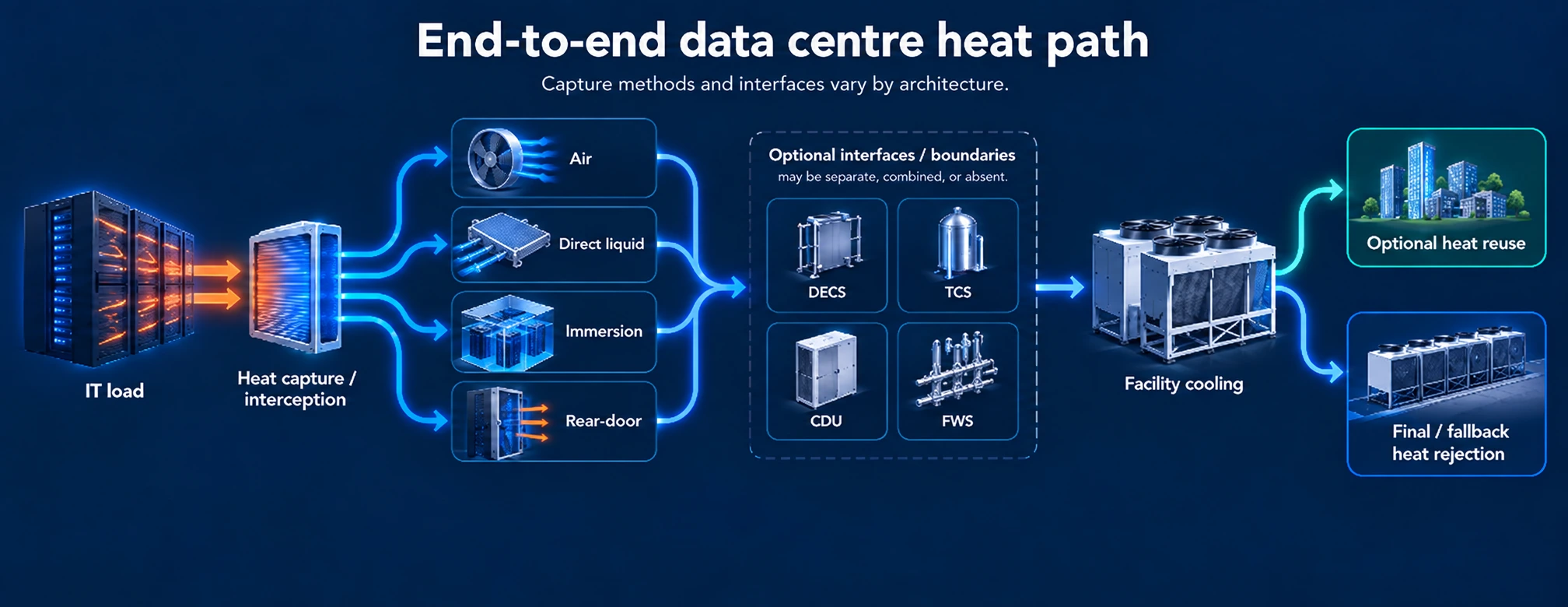 End-to-end data-centre heat path from IT load through alternative air, direct-liquid, immersion and rear-door capture methods and architecture-dependent interfaces to facility cooling, then branching to optional heat reuse or final external heat rejection, which remains the dependable fallback path.